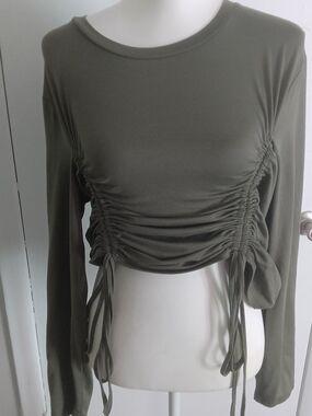Roma Olive Green Ruched Long-Sleeve Crop Top
